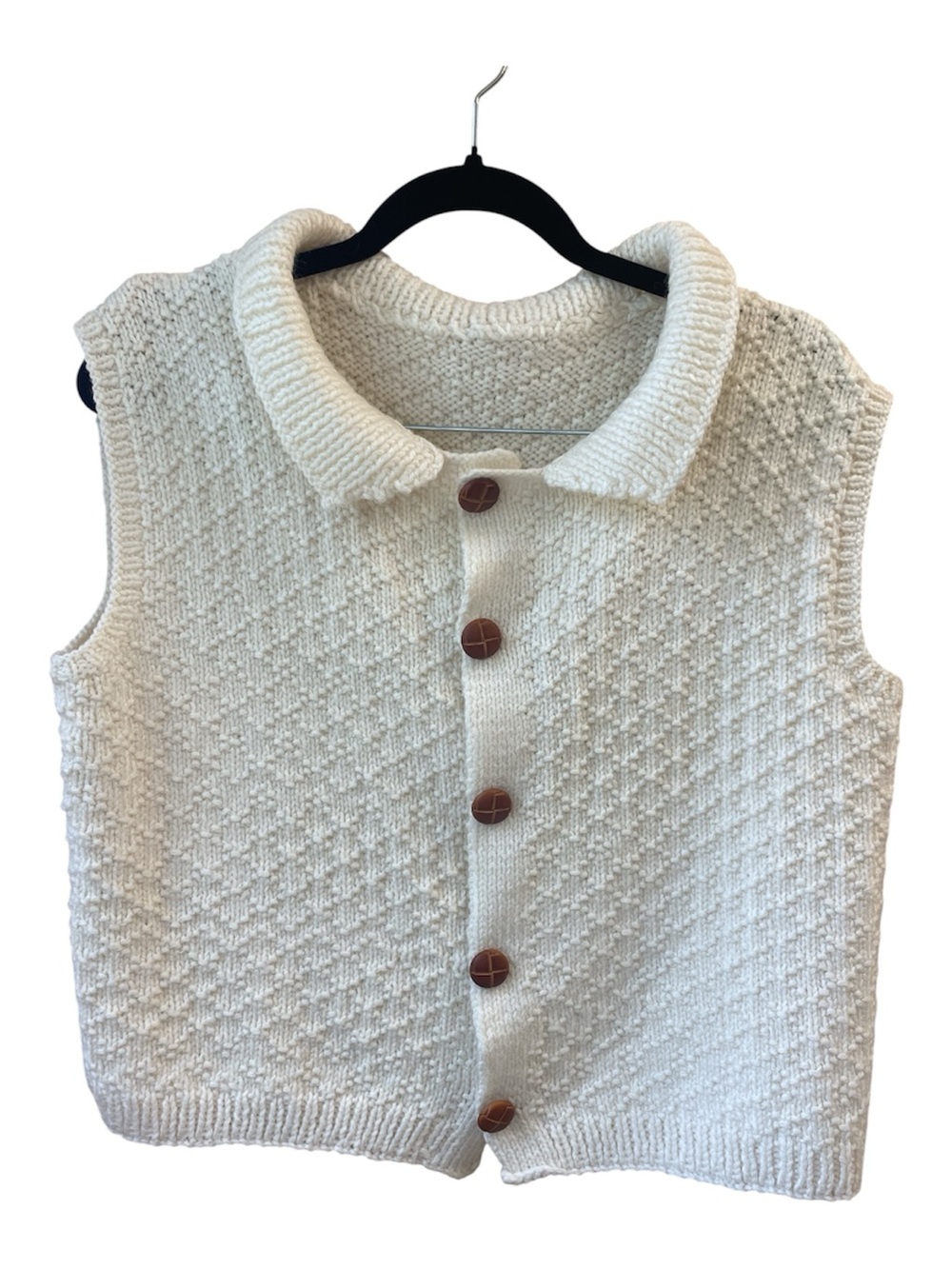 Vintage Handmade Button Up Knitted Sweater Vest Cream With Brown Buttons